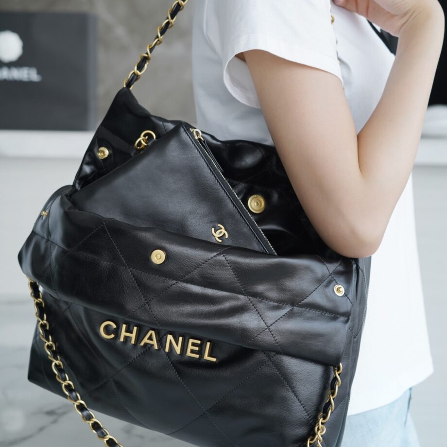 Chanel AS3260 Small Black Shiny Calfskin & Gold-Tone Metal Chanel 22 Small Handbag