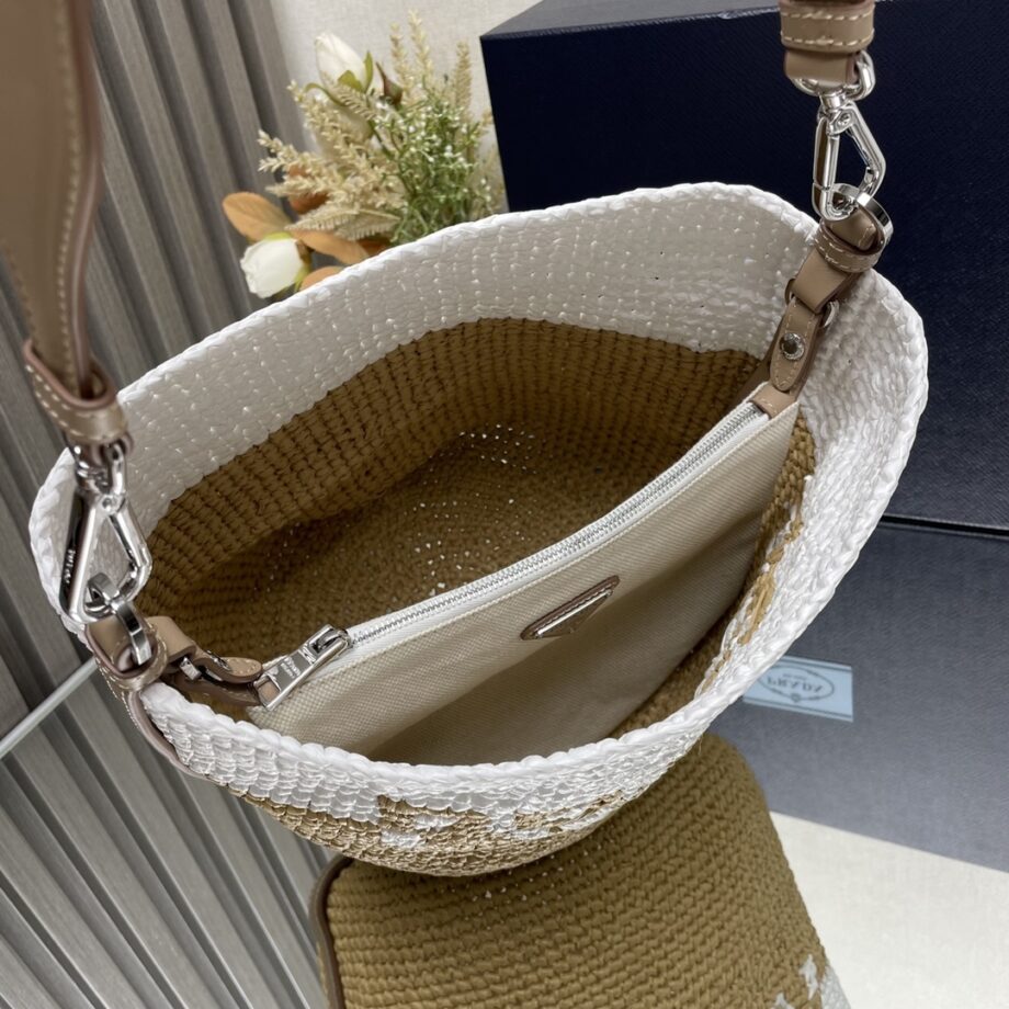 PRADA 1BE063 Raffia Bucket Bag