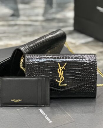 ysl crocodile pattern gold-toned metal hardware uptown chain wallet in crocodile-embossed shiny leather