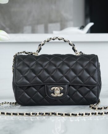 Chanel 23A Black Small Italian Imported Lambskin Crystal Handle Small Classic Handbag