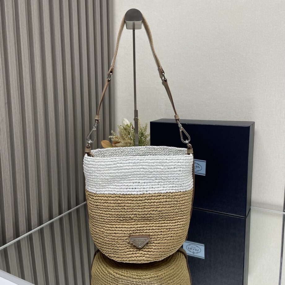 PRADA 1BE063 Raffia Bucket Bag