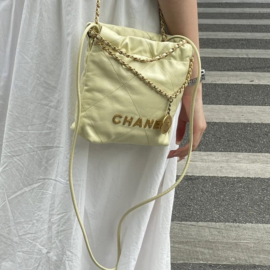 Chanel AS3980 Mini Light Yellow Shiny Calfskin & Gold-Tone Metal Chanel 22 Mini Handbag