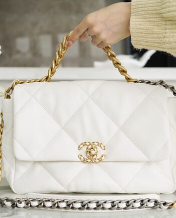 Chanel White & Gold Hardware Italian Gaiera Lambskin 19 Large Handbag