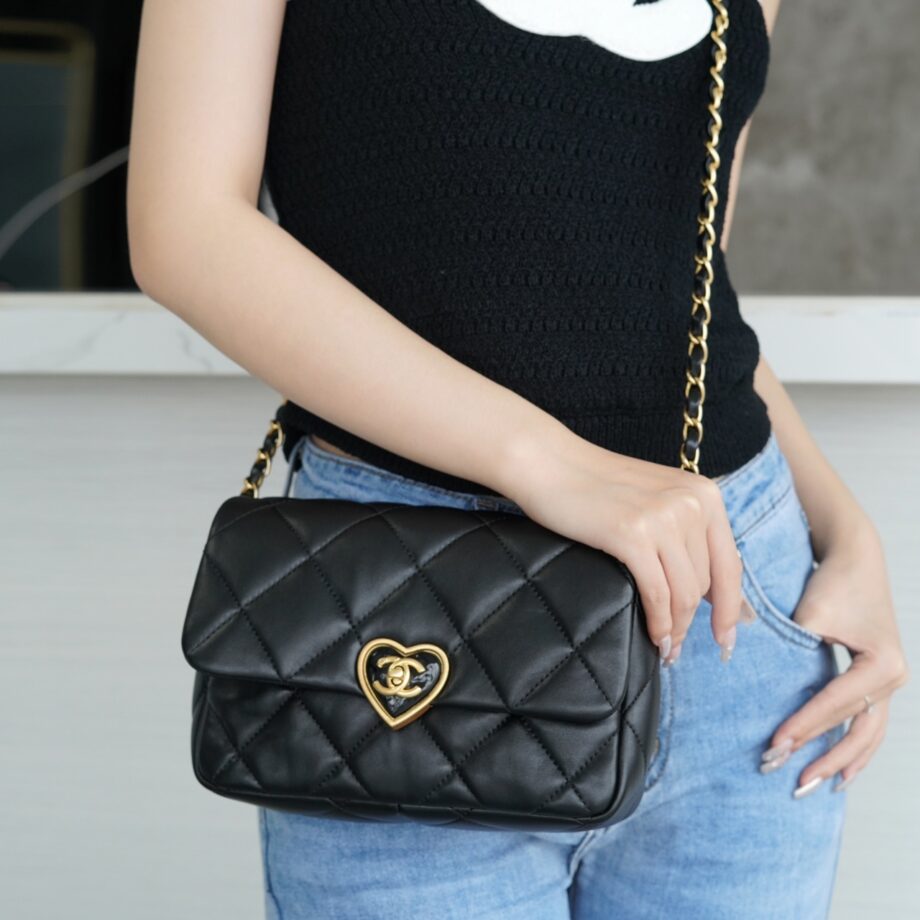 Chanel Black & Love Enamel Buckle Italy Imported Lambskin New Mini Classic Flap Bag