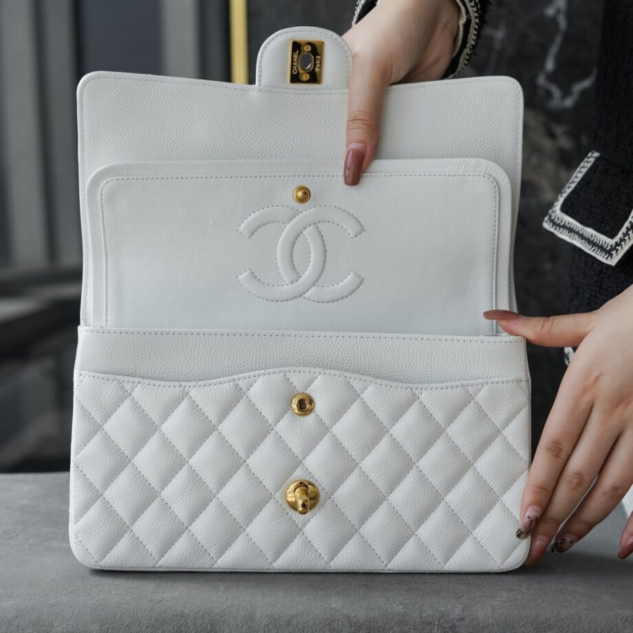 Chanel White & Gold Hardware Italian Cowhide Classic Handbag