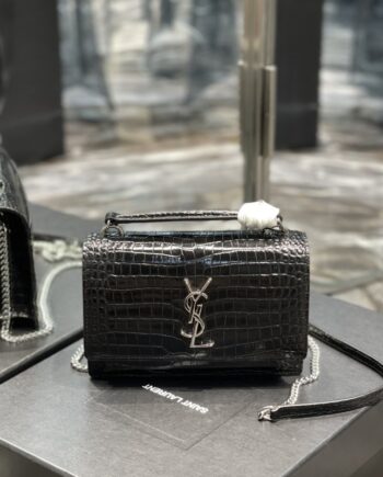 ysl black & silver hardware sunset chain wallet in crocodile-embossed shiny leather