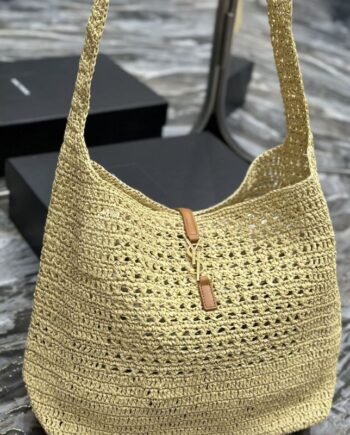 ysl leather-trimmed raffia shoulder bag