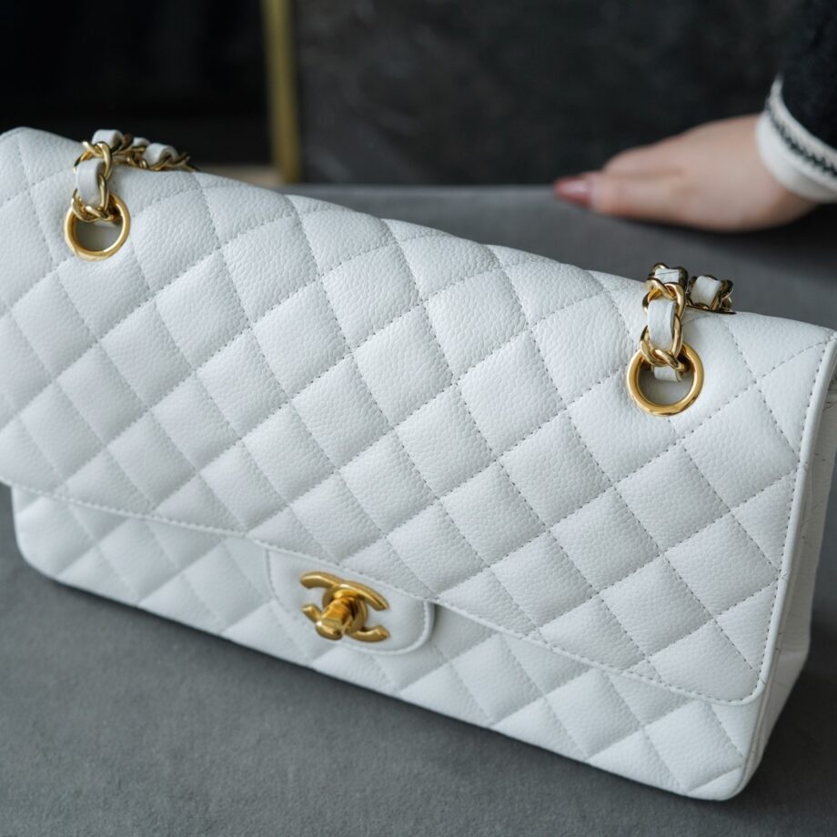 Chanel White & Gold Hardware Italian Cowhide Classic Handbag