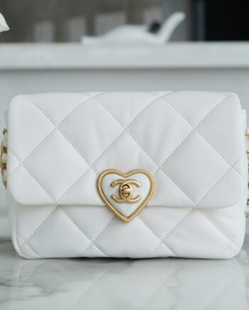 Chanel White & Love Enamel Buckle Italy Imported Lambskin New Mini Flap Bag