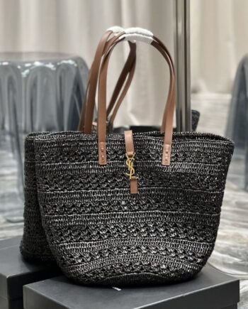 ysl large black raffia tote bag