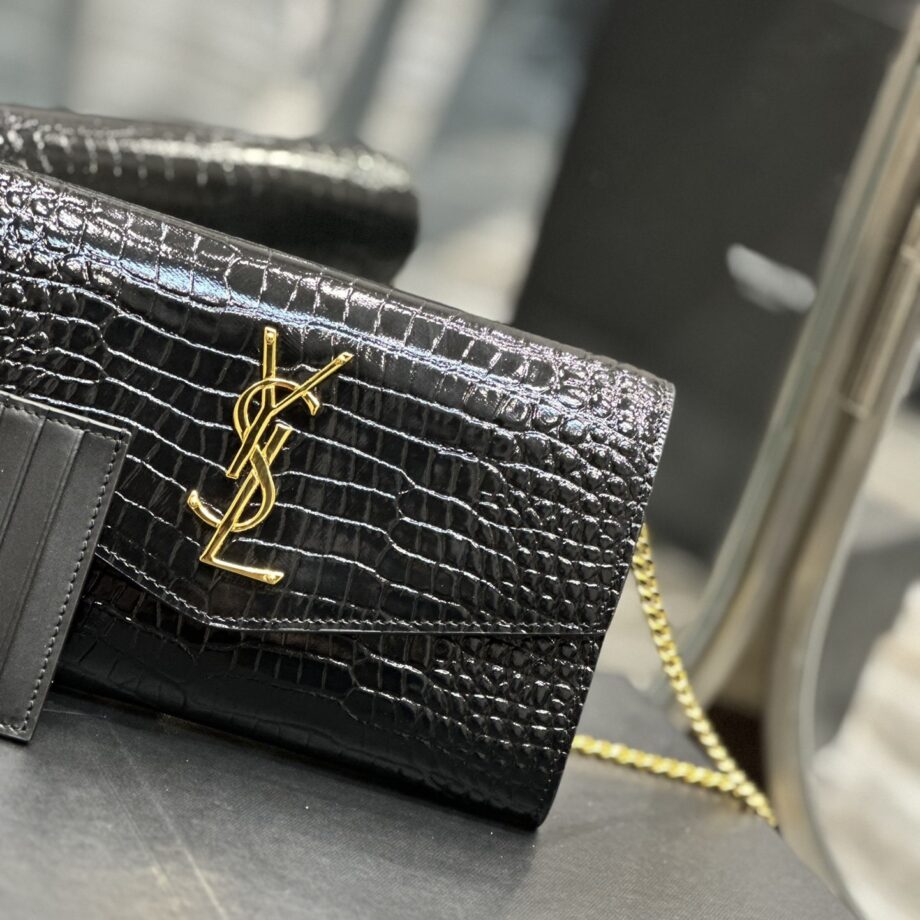 ysl crocodile pattern gold-toned metal hardware uptown chain wallet in crocodile-embossed shiny leather