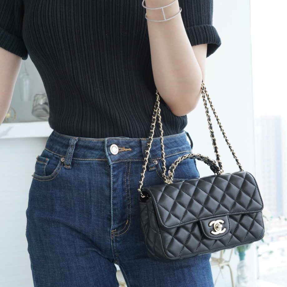 Chanel 23A Black Small Italian Imported Lambskin Crystal Handle Small Classic Handbag