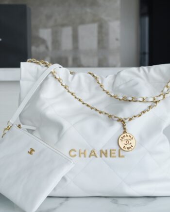 Chanel AS3261 Medium White Shiny Calfskin &Gold-Tone Metal Chanel 22 Handbag