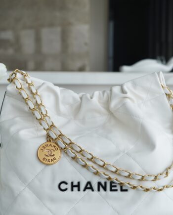 Chanel AS3260 Small White Shiny Calfskin & Gold-Tone Metal Chanel 22 Small Handbag
