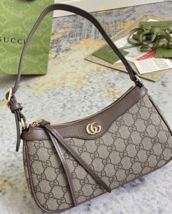 gucci 735145 brown leather trim ophidia small handbag with the double g hardware