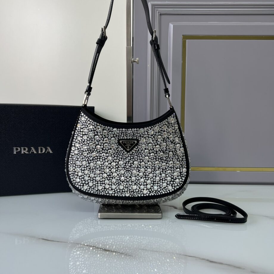 PRADA 1BC169 Black Cleo Satin Bag With Crystals