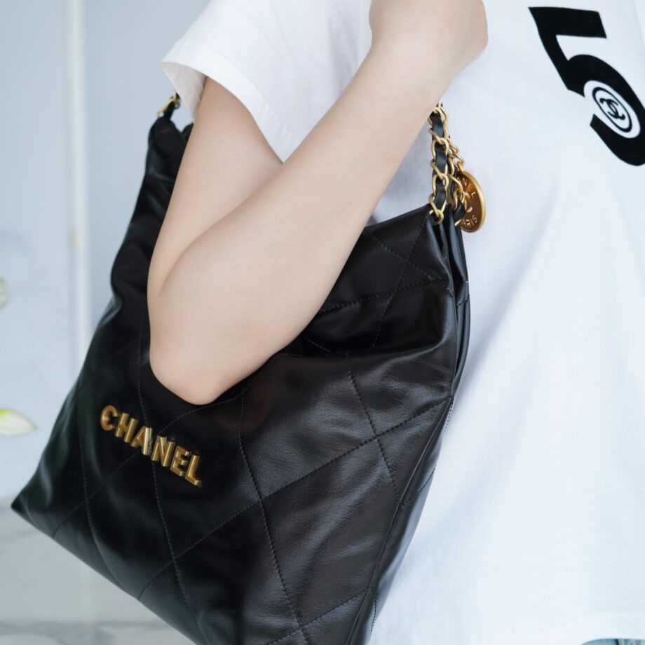 Chanel AS3260 Small Black Shiny Calfskin & Gold-Tone Metal Chanel 22 Small Handbag