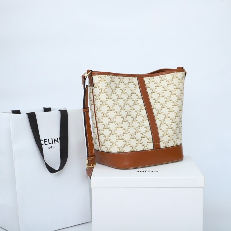 celine 191132 white medium bucket in triomphe canvas and calfskin