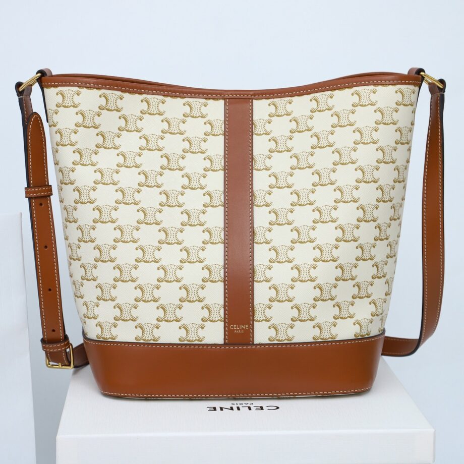 celine 191132 white medium bucket in triomphe canvas and calfskin