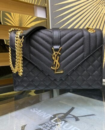 YSL Black Envelope Chain Bag In Mix Matelass éGrain De Poudre Embossed Leather