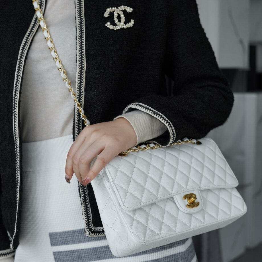 Chanel White & Gold Hardware Italian Cowhide Classic Handbag