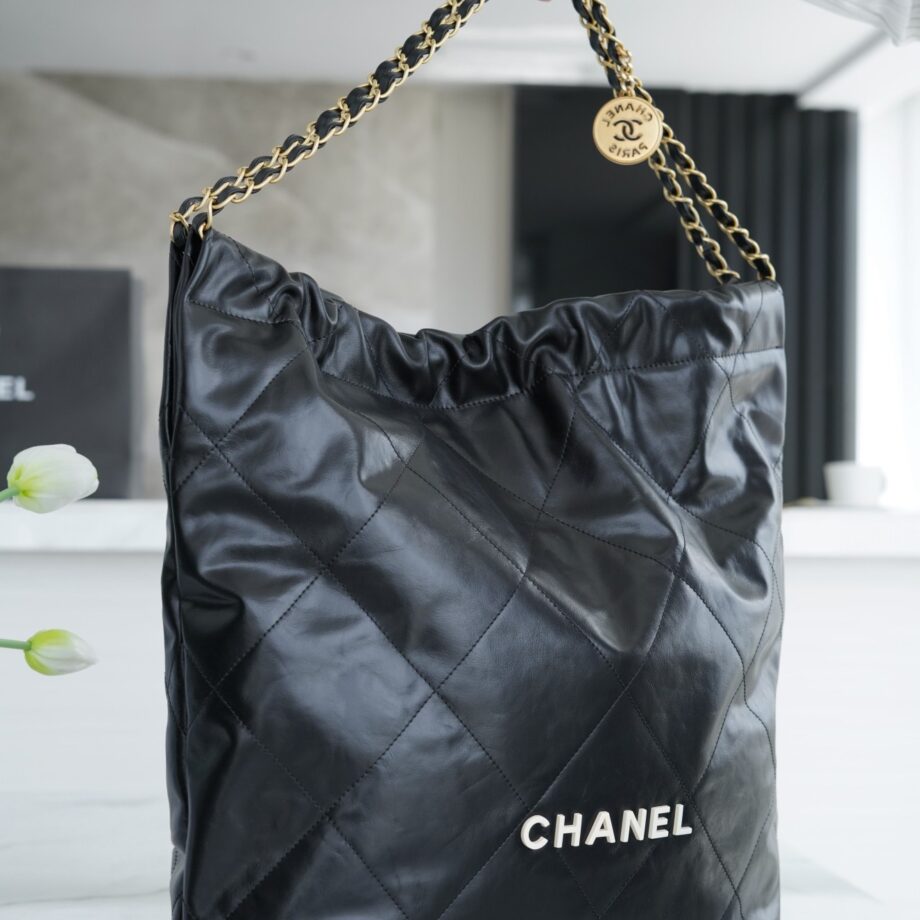 Chanel AS3262 Large Black Shiny Calfskin & Gold-Tone Metal Chanel 22 Large Handbag