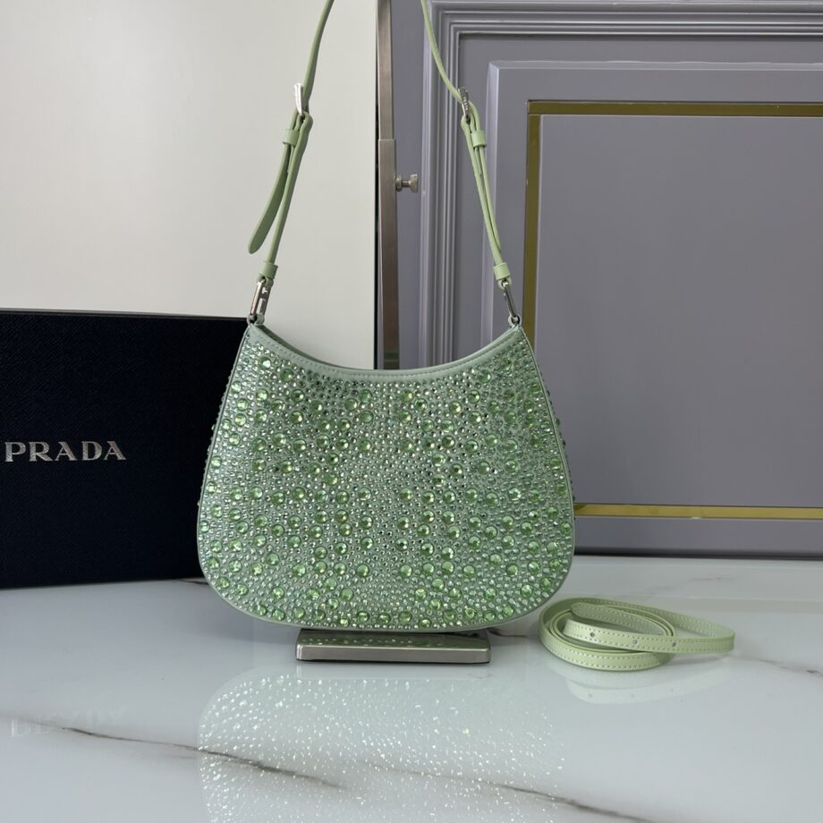 PRADA 1BC169 Green Cleo Satin Bag With Crystals