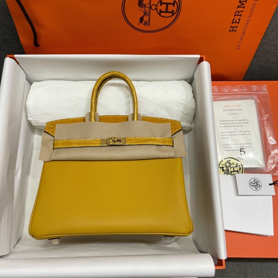 HermèS Birkin25 Yellow Touch Togo Cowhide & Nile Crocodile Leather Hand-Stitched Birkin25