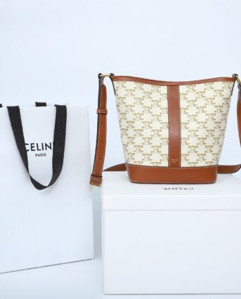 celine 191442 white small bucket in triomphe canvas and calfskin