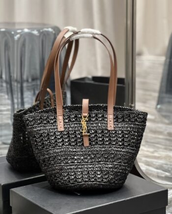 ysl medium black raffia tote bag