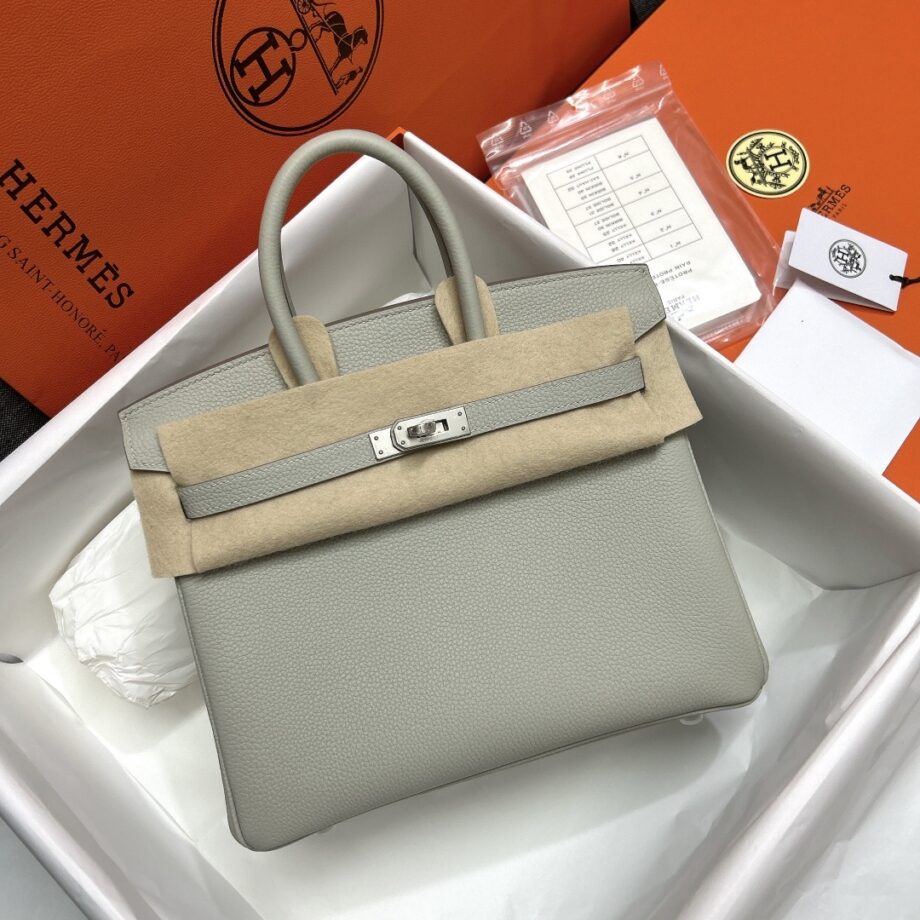 HermèS Birkin25 Pearl Gray Togo Cowhide Silver Hardware Hand-Stitched Birkin 25