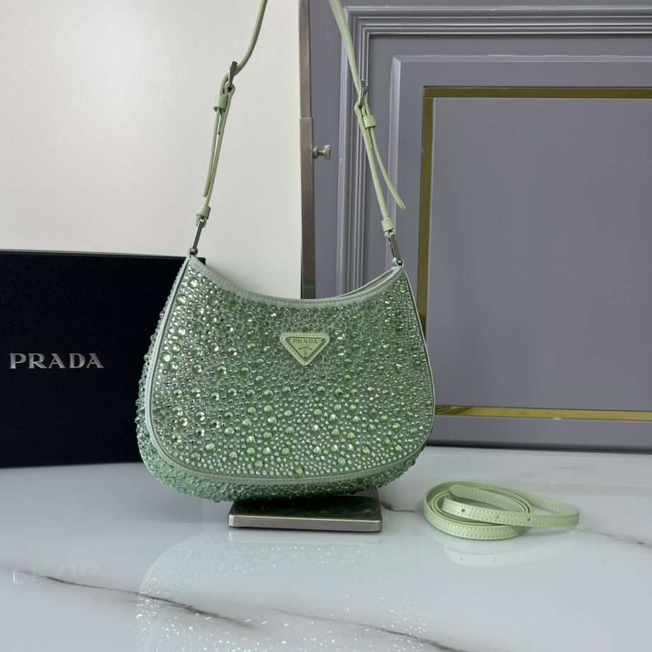 PRADA 1BC169 Green Cleo Satin Bag With Crystals