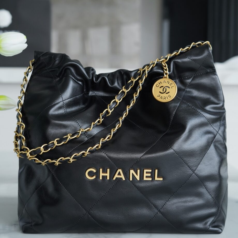 Chanel AS3260 Small Black Shiny Calfskin & Gold-Tone Metal Chanel 22 Small Handbag