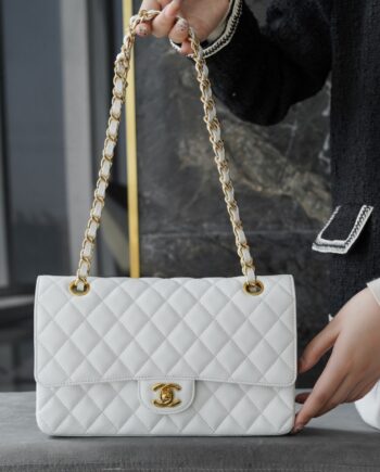 Chanel White & Gold Hardware Italian Cowhide Classic Handbag