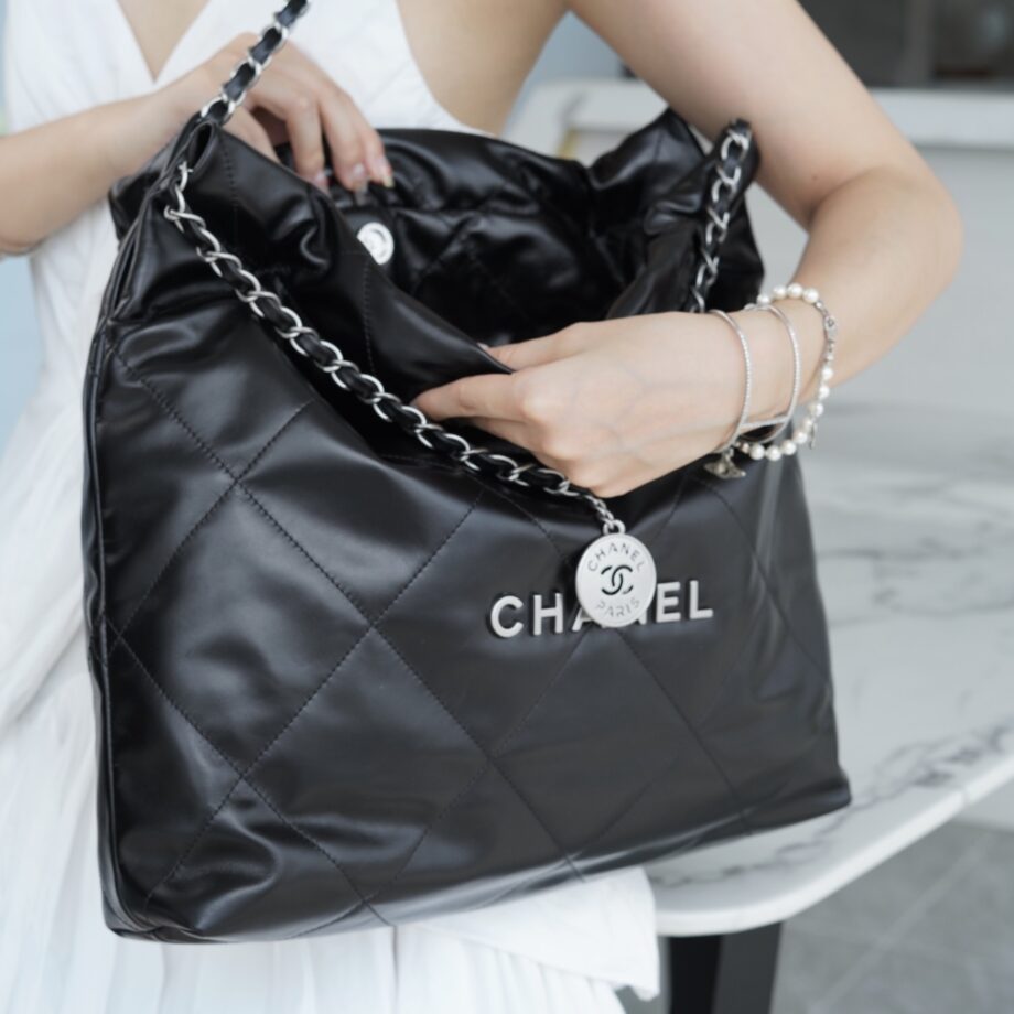 Chanel AS3261 Medium Black Shiny Calfskin & Silver-Tone Metal Chanel 22 Small Handbag