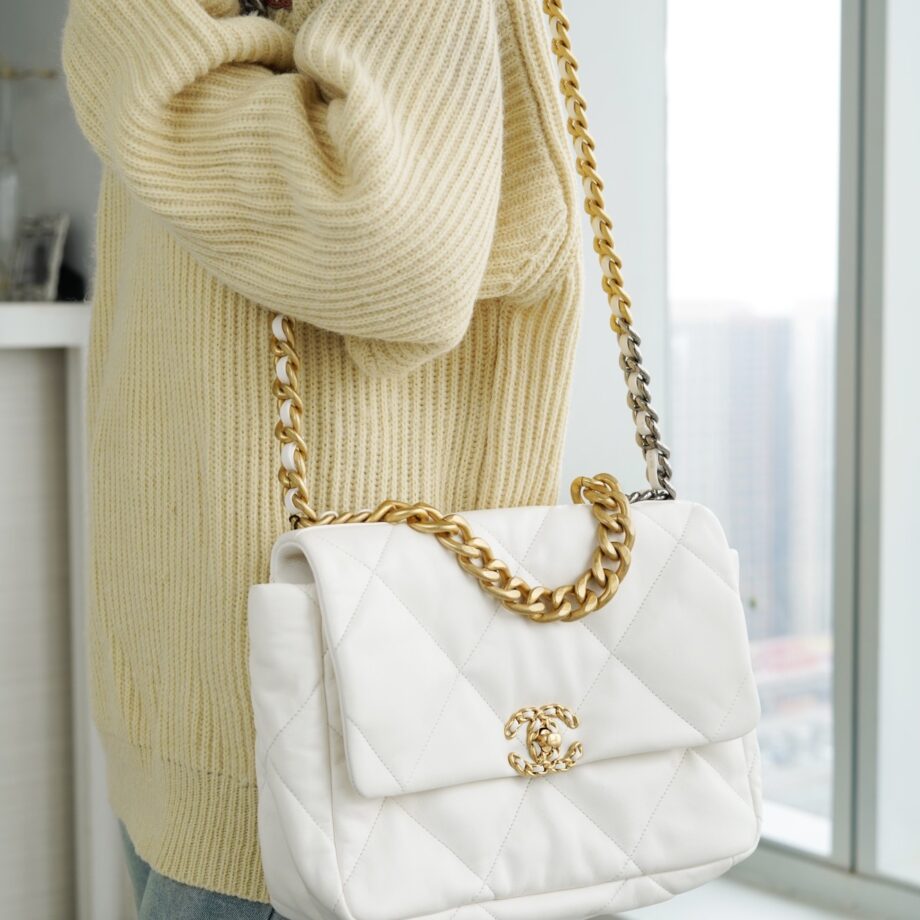 Chanel White & Gold Hardware Italian Gaiera Lambskin 19 Large Handbag