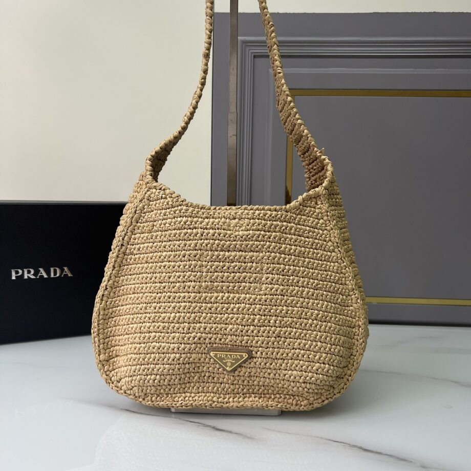 PRADA 1BG186 Raffia Hand-Woven Shoulder Bag