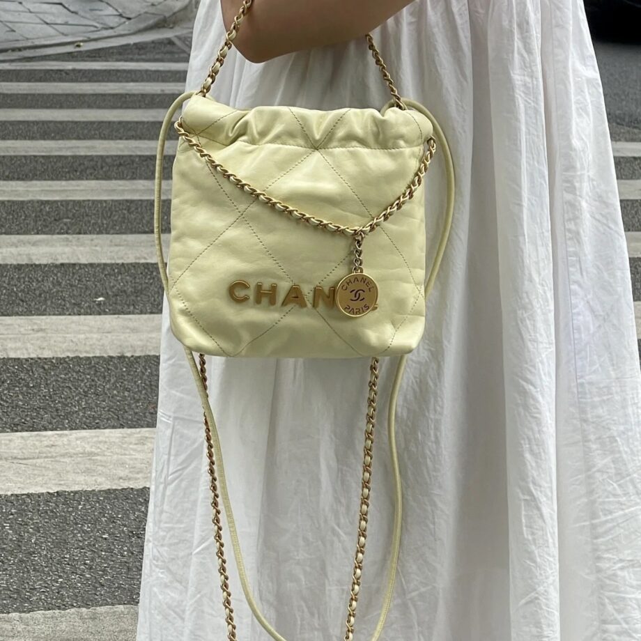 Chanel AS3980 Mini Light Yellow Shiny Calfskin & Gold-Tone Metal Chanel 22 Mini Handbag