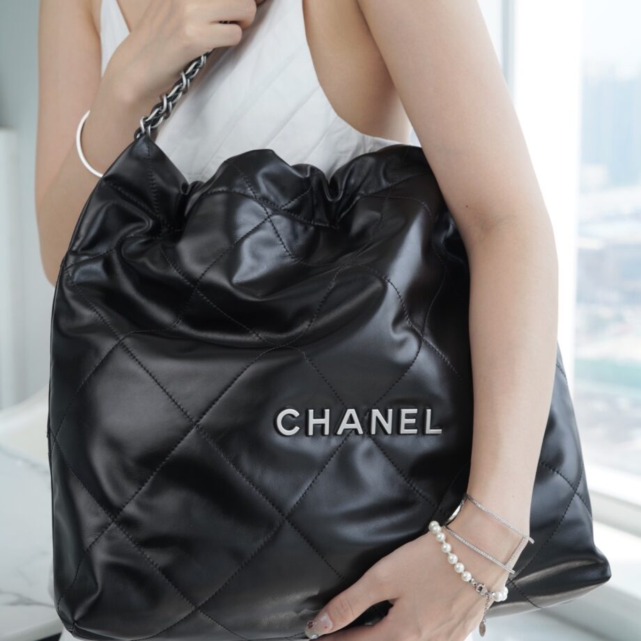 Chanel AS3261 Medium Black Shiny Calfskin & Silver-Tone Metal Chanel 22 Small Handbag