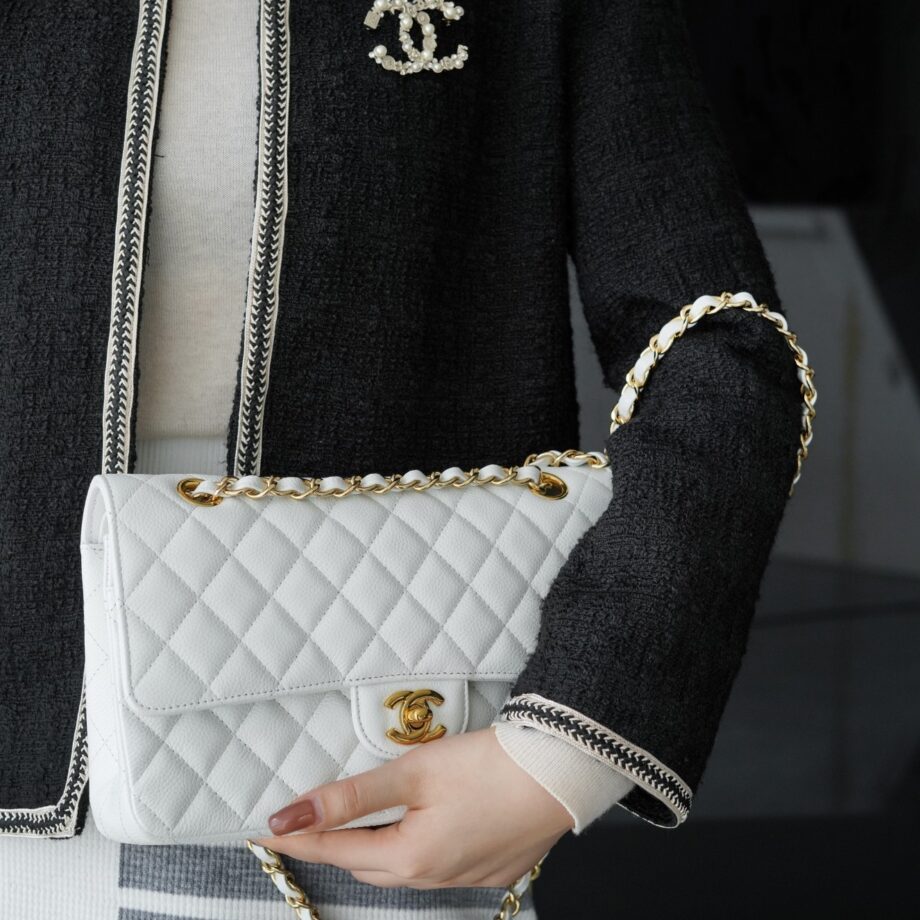 Chanel White & Gold Hardware Italian Cowhide Classic Handbag