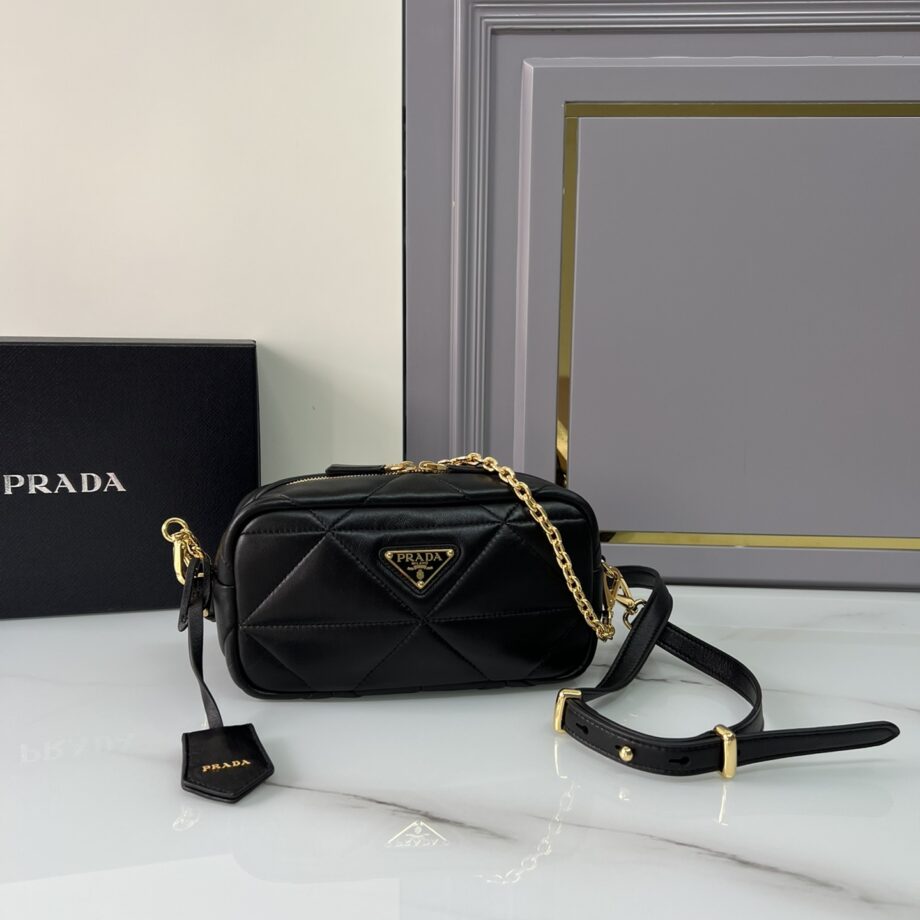 PRADA 1BH197 Black Quilted Leather Camera Bag