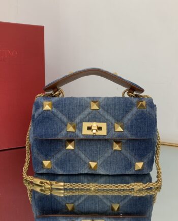 valentino medium valentino garavani roman stud the shoulder bag in denim with chain