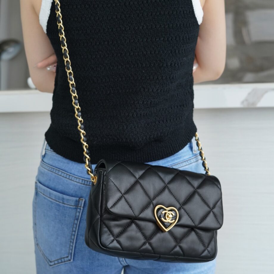 Chanel Black & Love Enamel Buckle Italy Imported Lambskin New Mini Classic Flap Bag