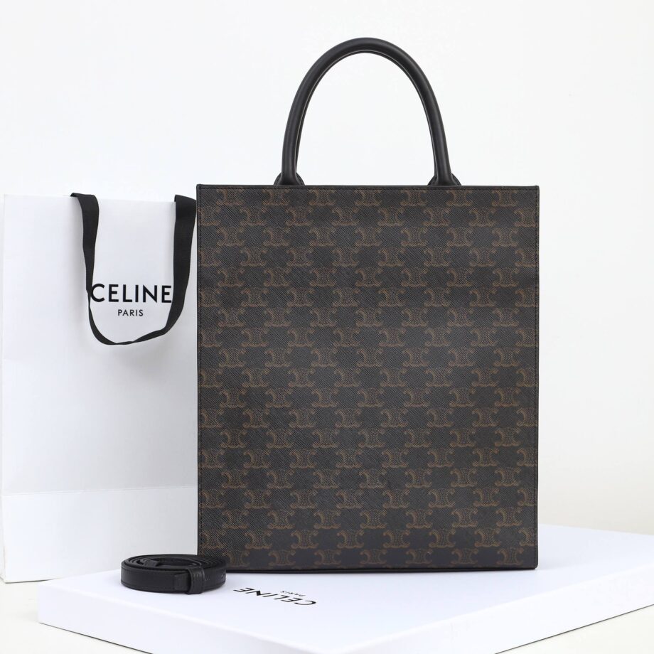 celine 191542 large black handle cabas vertical in triomphe canvas and calfskin