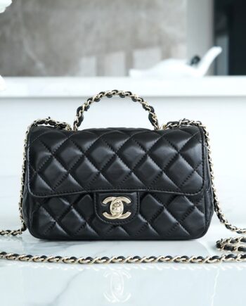 Chanel 23A Black Mini Italy Imported Lambskin Crystal Handle Mini Classic Handbag