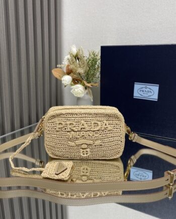 PRADA 1BH196 Raffia Camera Bag