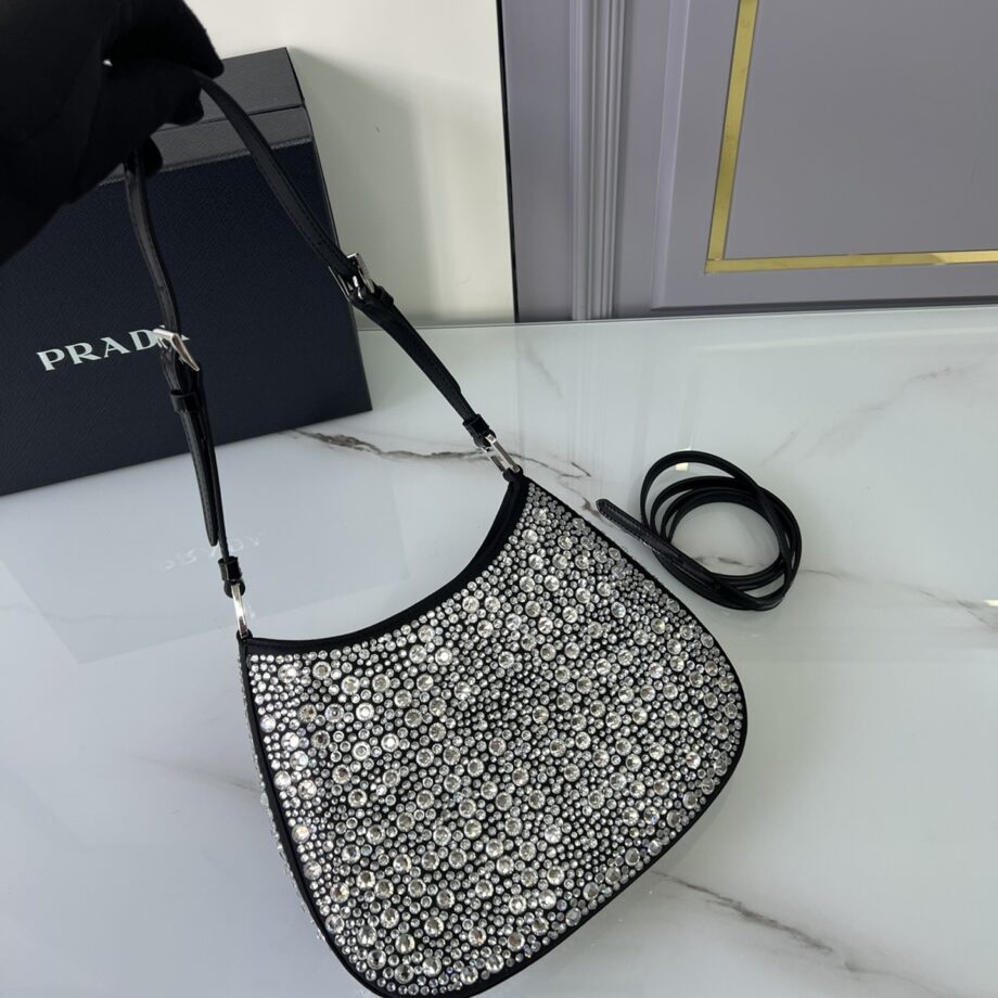 PRADA 1BC169 Black Cleo Satin Bag With Crystals