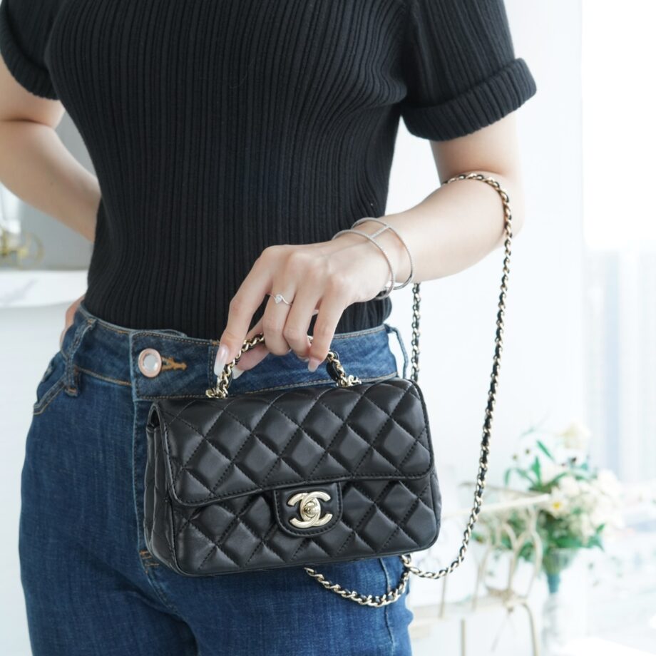 Chanel 23A Black Mini Italy Imported Lambskin Crystal Handle Mini Classic Handbag