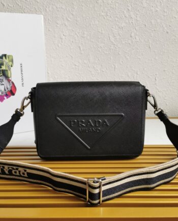 prada 2vd046 embroidered ribbon men's crossbody bag flip shoulder bag saffiano leather and inner cover imported calf leather