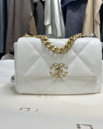 Chanel White & Gold Hardware Italian Gaiera Lambskin 19 Handbag